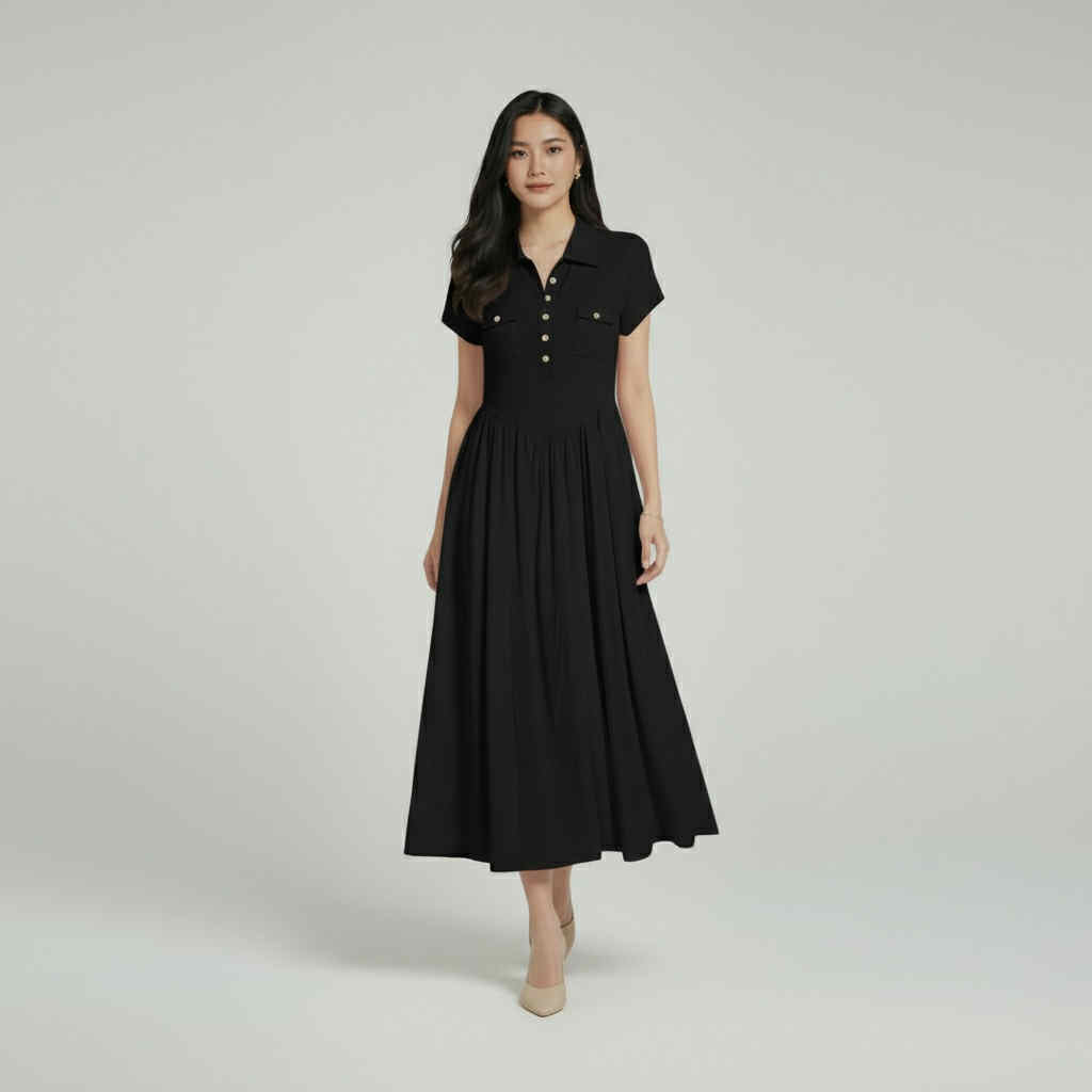 Classic Button-Front Fit & Flare Maxi Dress (Free Size S-M)