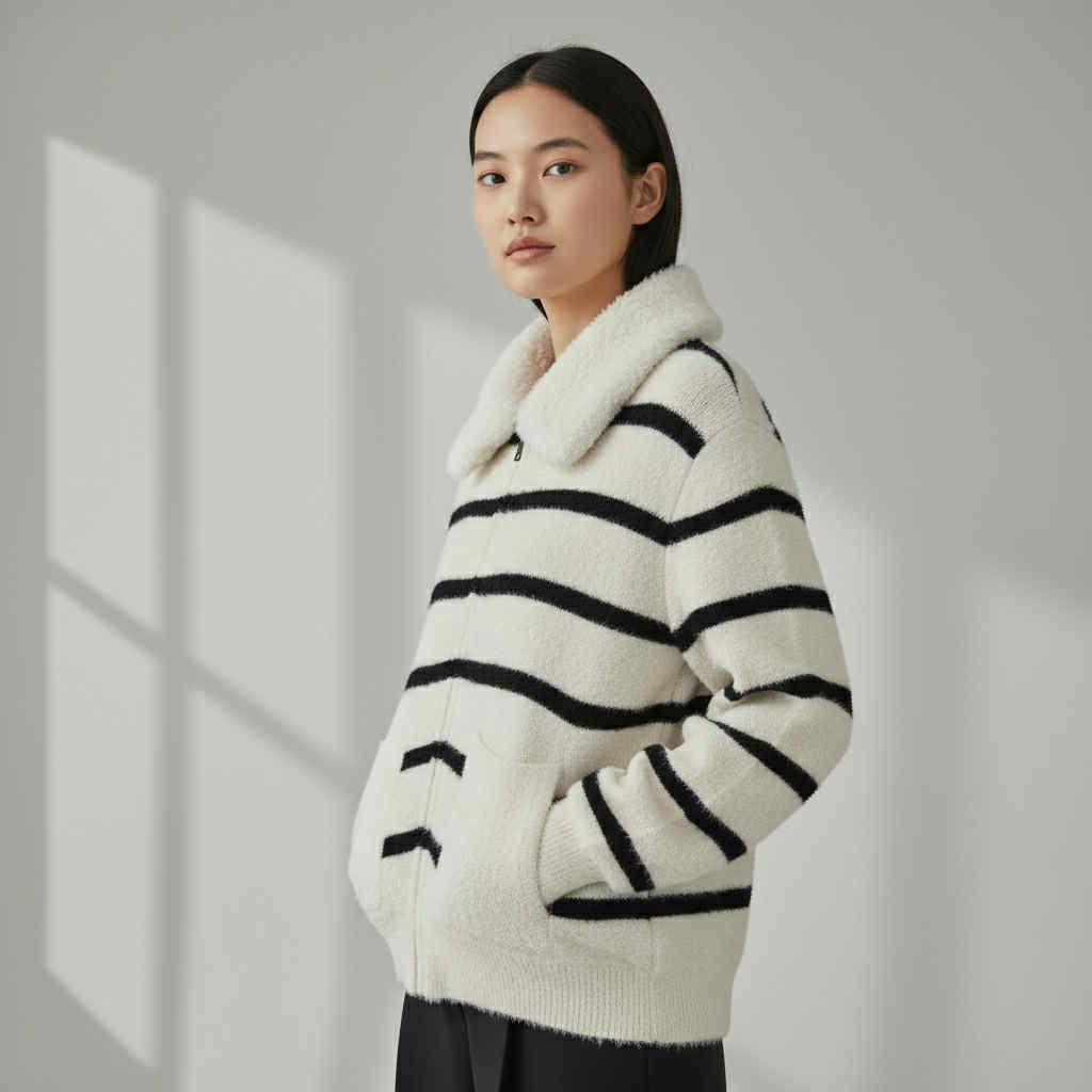Striped Knit Zip-Up Jacket (Free Size S-XL)