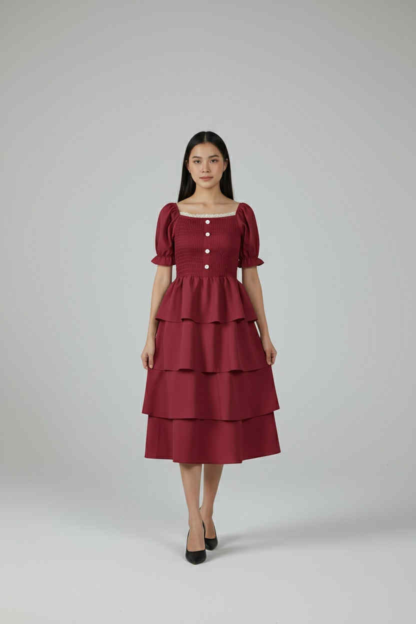 Tiered Puff-Sleeve Midi Dress (FREE SIZE S-XL)