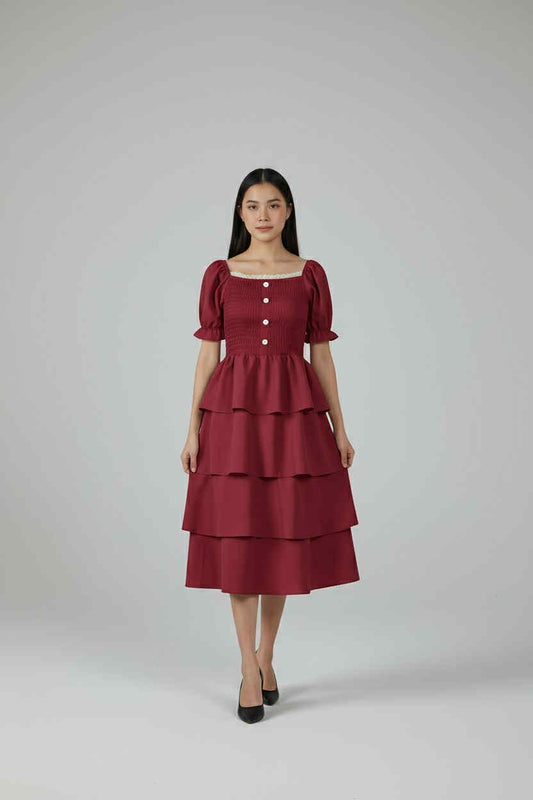 Tiered Puff-Sleeve Midi Dress (FREE SIZE S-XL)