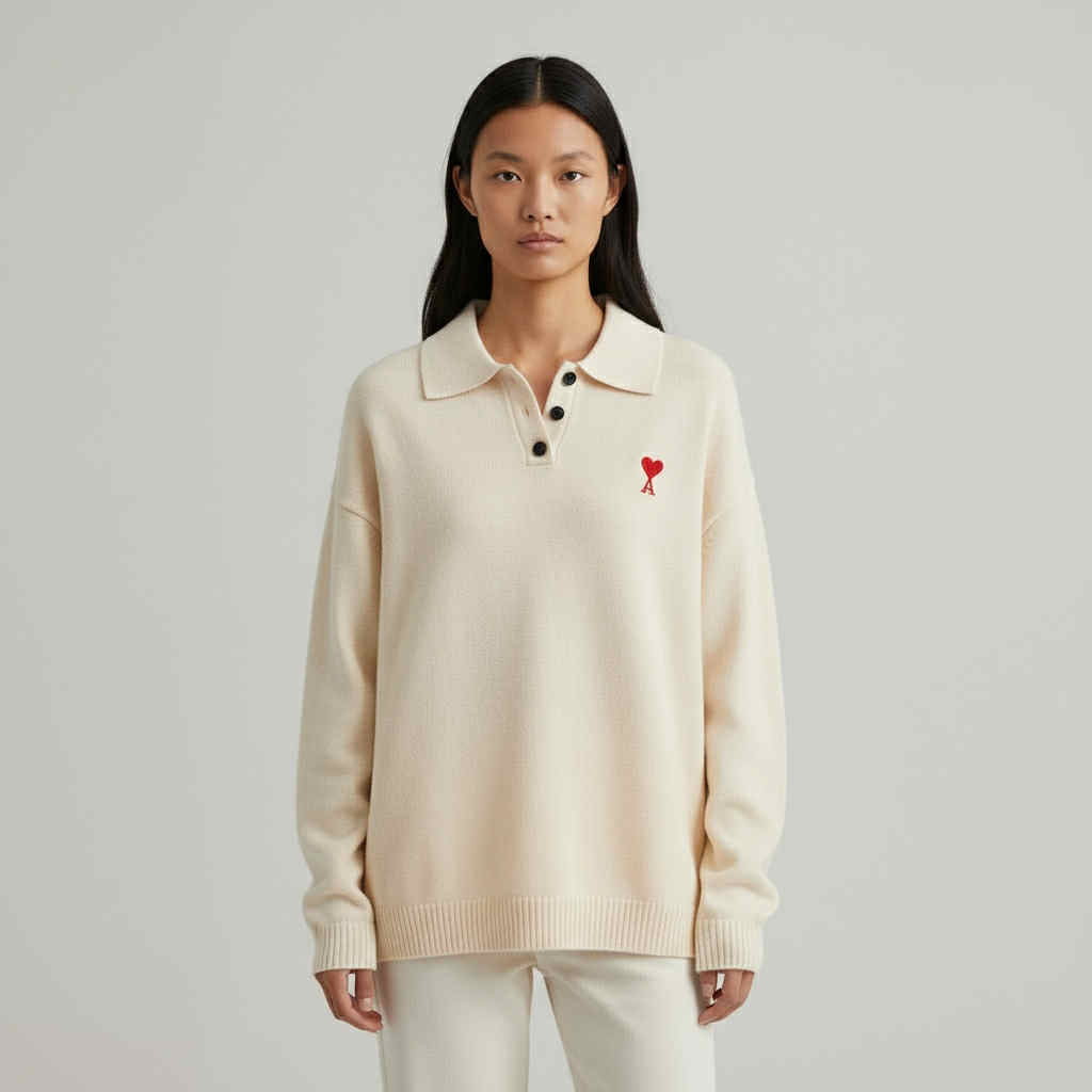 Embroidered Heart Knit Polo Sweater (Free Size S-2XL)