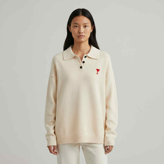 Embroidered Heart Knit Polo Sweater (Free Size S-2XL)