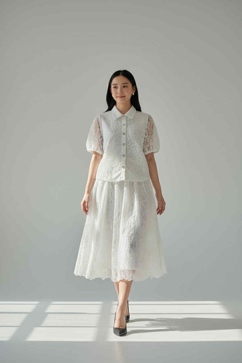 Lace Puff-Sleeve Midi Dress