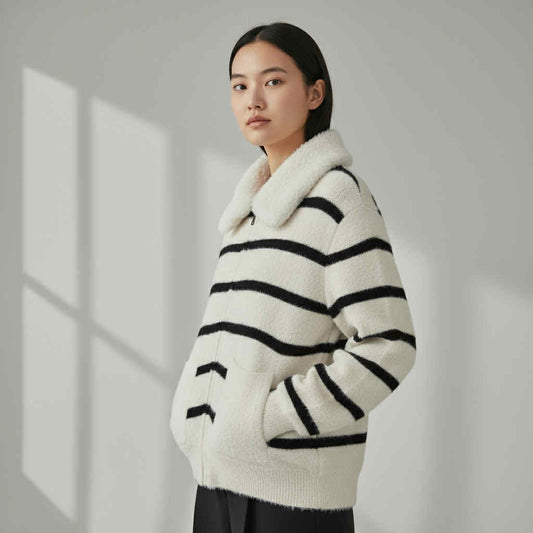Striped Knit Zip-Up Jacket (Free Size S-XL)