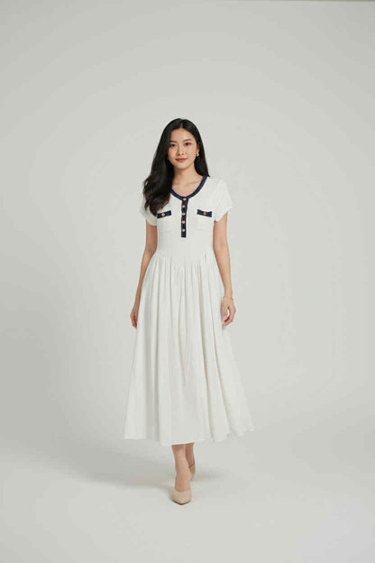 Denim Trim Button-Front Maxi Dress (Free Size S-M)