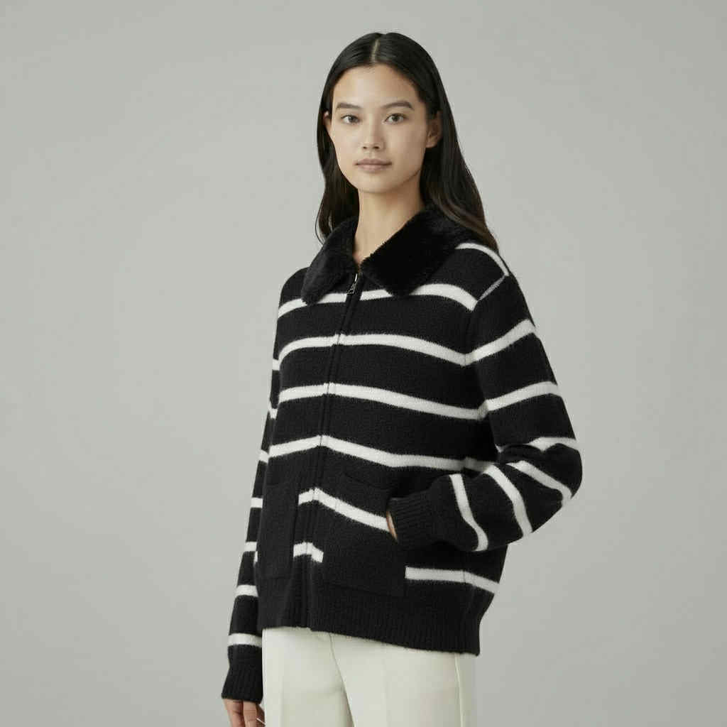 Striped Knit Zip-Up Jacket (Free Size S-XL)