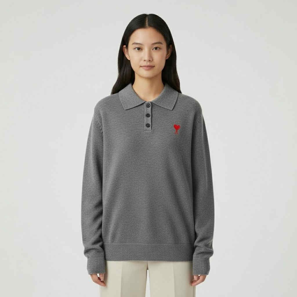 Embroidered Heart Knit Polo Sweater (Free Size S-2XL)