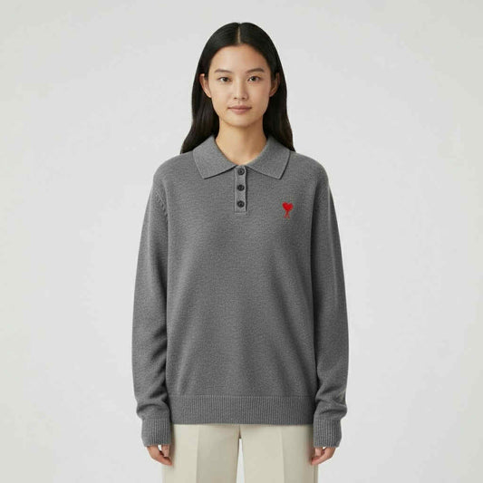 Embroidered Heart Knit Polo Sweater (Free Size S-2XL)