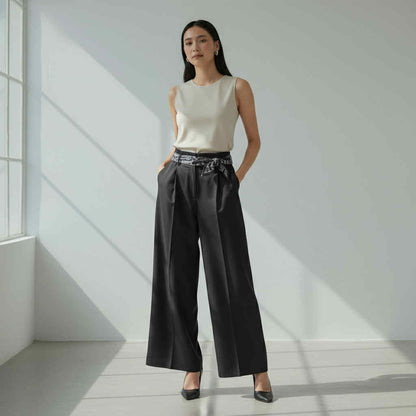High-Waisted Wide-Leg Trousers with Sash Belt (Free Size s-