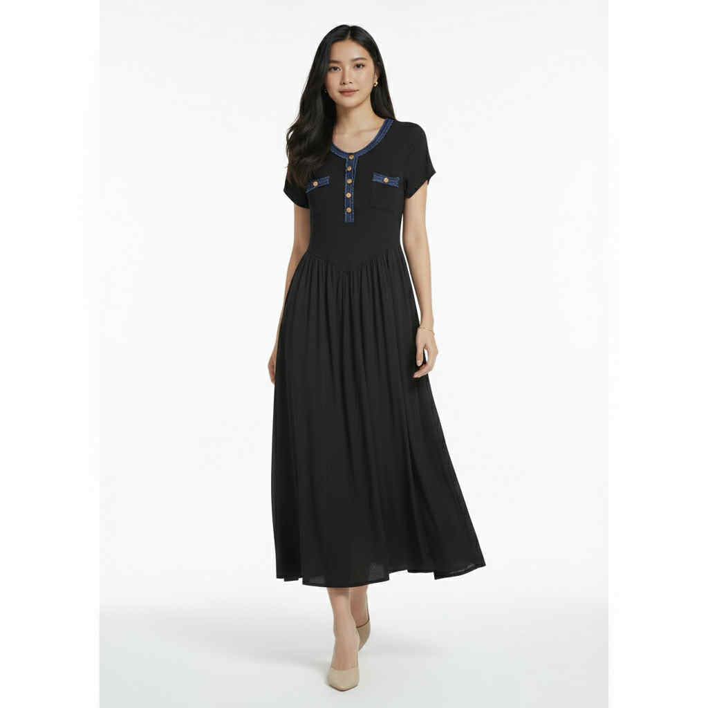 Denim Trim Button-Front Maxi Dress (Free Size S-M)
