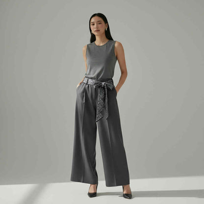 High-Waisted Wide-Leg Trousers with Sash Belt (Free Size s-