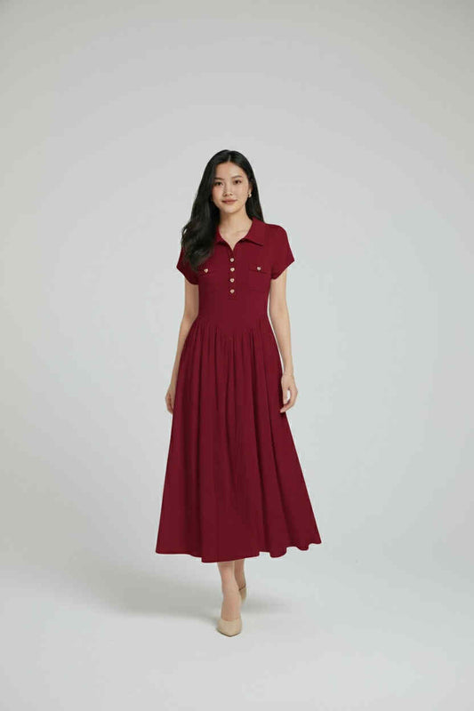 Classic Button-Front Fit &amp; Flare Maxi Dress (Free Size S-M)