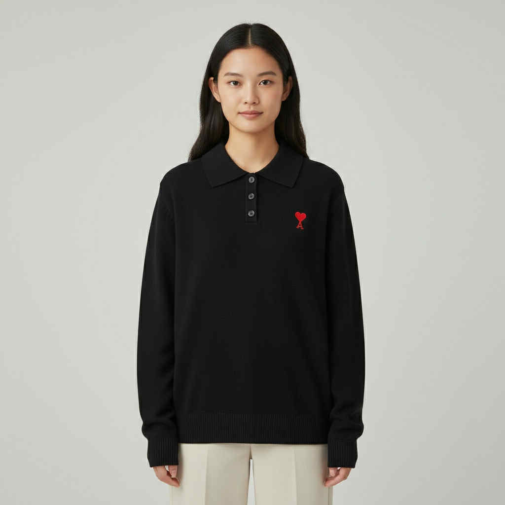 Embroidered Heart Knit Polo Sweater (Free Size S-2XL)