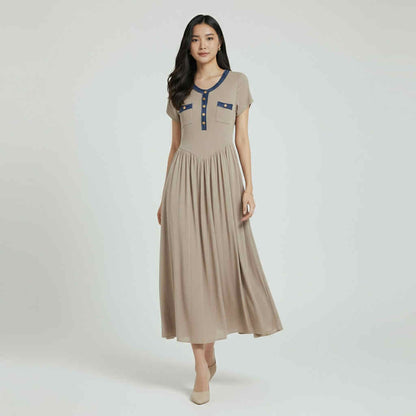 Denim Trim Button-Front Maxi Dress (Free Size S-M)