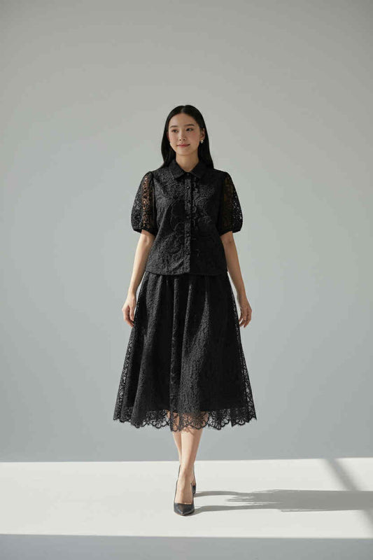 Lace Puff-Sleeve Midi Dress