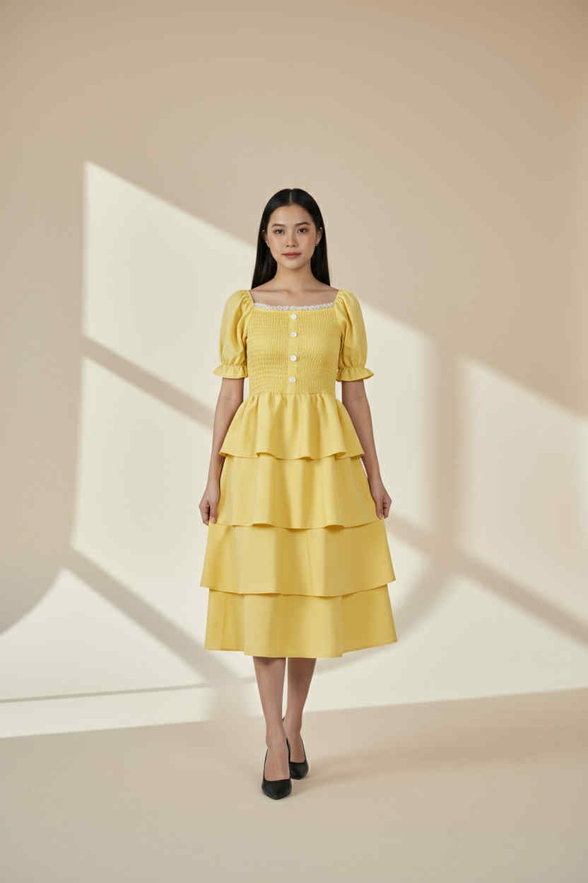 Tiered Puff-Sleeve Midi Dress (FREE SIZE S-XL)